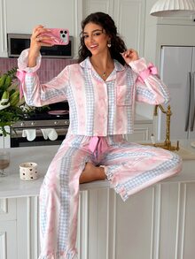SweetSlumber Women's Sweet INS Striped Bow Plaid Print Contrast Color Lapel Long Sleeve Long Pants Pajama Set - Multicolor - View 5