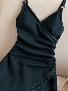 Breezaya 女款百褶休閒日常牛仔細肩帶洋裝 - 深色水洗藍 - 查看 9