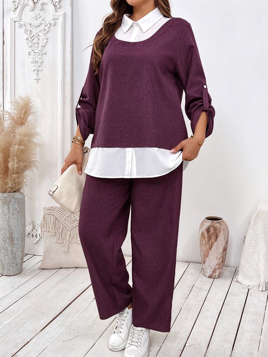 SHEIN EMERY ROSE CURVE 大尺碼女款秋季對比色長袖襯衫與長褲兩件套女裝 - 紫羅蘭色 - 查看 1