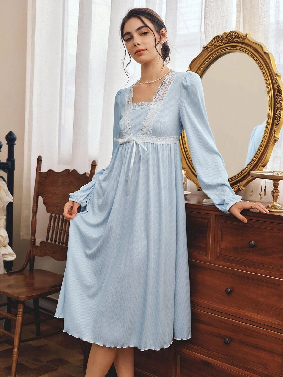 Côtesoire South France Elegant Mature Contrast Color Lace Women's Nightgown - Blue - View 1