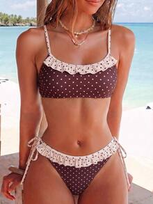 Swim Mod New Women's Swimsuit Set Summer New Sweet Beach Outfit Versatile 2 Pieces Set Beige-Brown Bikini Set Popular Beige-Brown Polka Dot Print Ruffle Design Adjustable Bikini Top Tie-Drawstring Triangle Bottom Suitable For Summer Beach Vacation Wear - Multicolor - View 5