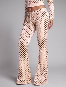 Nooralise Women's Casual Polka Dot Print Velvet Flare Pants - Apricot - View 3
