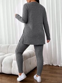 SHEIN Frenchy 大尺碼針織居家底層休閒舒適女款2件套瑜伽運動服 自發熱衣 日常外出穿搭套裝 - 灰色 - 查看 6