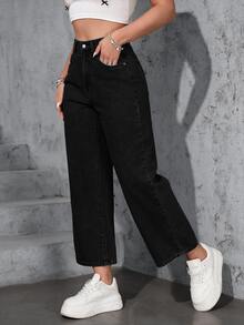 SHEIN PETITE Women's Loose Straight Leg Wide Leg Slimming Light Color All Season Cropped Jeans - Black - View 5