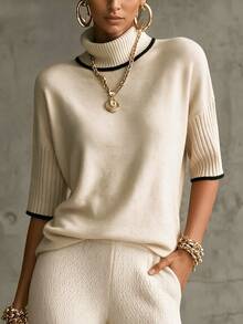 SHEIN New Spring Fall Sophisticated Turtleneck Knit Top Women Ribbed Cuff Elbow Sleeve Relaxed Straight Hem - Apricot - View 3