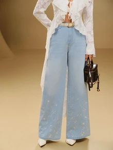 Anewsta Celana Jeans Wanita Musim Semi/Gugur Modern Serbaguna Minimalis dengan Bordir, Model Lebar, Cocok untuk Berpergian, Berbelanja, dan Kencan. - Light Wash - View 3