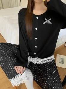 DAZY Women's Contrast Lace Hem Button Design Top And Long Pants Pajama Set - Black - View 3