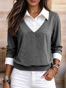 Holdful Holdful Fashionable New Autumn/Winter Casual Shirt Collar Contrast Color Patchwork Knit Women's Top - Dark Grey - View 5