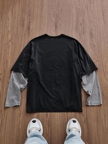 SWAVVY Áo thun nam dệt kim thời trang casual dáng rộng tay dài phối patchwork in chữ tiếng Anh - màu đen - Xem 2