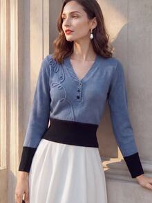 SHEIN PariChic Colorblock Heavy Embroidery Hand-Knitted Long Sleeve Sweater - Aqua Blue - View 7