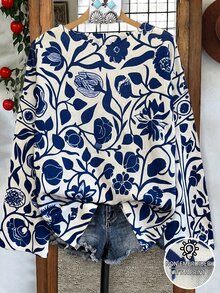 Linhara Plus Size Women's Casual Autumn/Winter Knit Top, Minimalist Versatile Retro Style, Mandala Print, Off Shoulder Loose Fit, Suitable For Autumn/Winter Wear - Blue - View 3