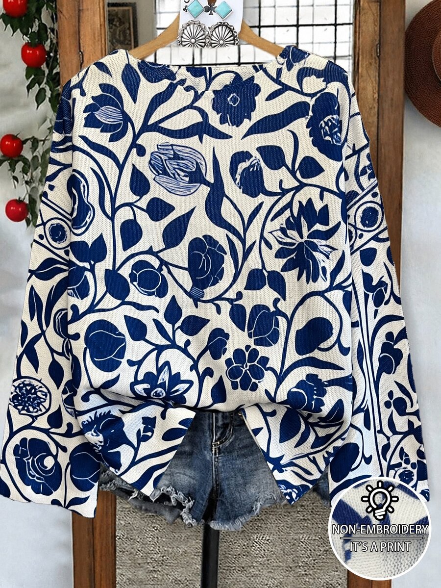 Linhara Plus Size Women's Casual Autumn/Winter Knit Top, Minimalist Versatile Retro Style, Mandala Print, Off Shoulder Loose Fit, Suitable For Autumn/Winter Wear - Blue - View 1