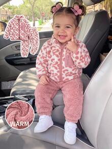 SHEIN Baby Girl Leopard Print Long Sleeve Autumn Winter Jacket And Pants Casual Daily Outfit - Pink - View 1