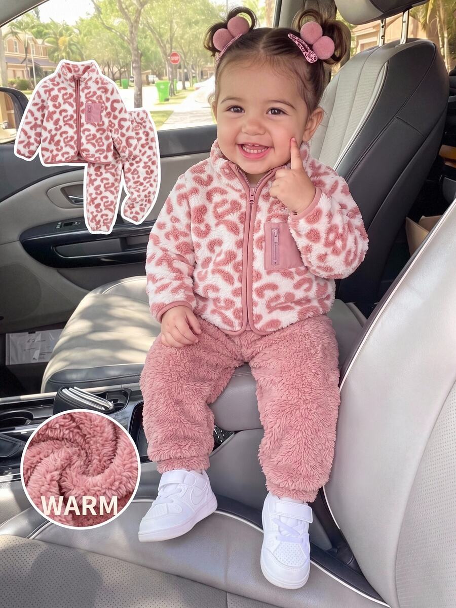 SHEIN Baby Girl Leopard Print Long Sleeve Autumn Winter Jacket And Pants Casual Daily Outfit - Pink - View 1