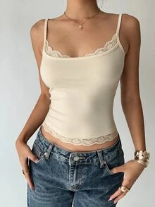 Aloruh 95%棉女款夏季休閒日常通勤簡約百搭純色對比蕾絲修身短版2件組細肩帶背心上衣，百搭夏季2件套，女款休閒上衣，白色上衣，春季休閒背心，適合外出、海灘度假、約會、浪漫優雅、節慶、音樂節、時尚 - 彩色 - 查看 8