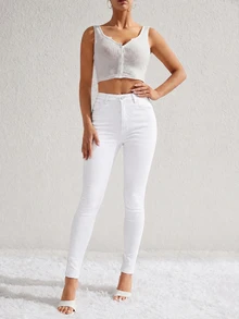 SHEIN Essnce Women's Fashion Slim Fit Button Pocket Denim Jeans - White - View 3