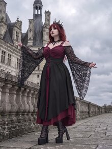 Whyspr Goth Plus Size Halloween Burgundy Patchwork Asymmetrical Hem Witch Camisole Tie-Up Dress - Multicolor - View 5