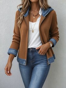 Holdful Holdful Women's Denim Effect Print Patchwork Ribbed Long Sleeve Hooded Zip-Up Jacket, Elegant Casual Daily Wear For Autumn, Winter, Spring - Multicolor - View 5