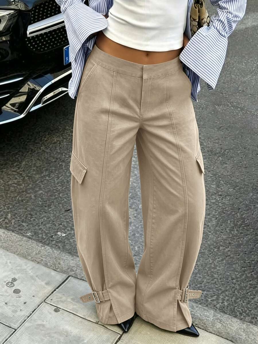 Avenya 秋冬復古低腰多口袋工裝直筒褲女款,寬鬆顯瘦寬腿休閒褲,附抽繩褲腳 - 卡其色 - 查看 1