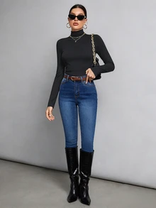 SHEIN Tall 簡約純色修身高領白色上衣，適合秋冬，適合高個女性 - 深灰色 - 查看 4
