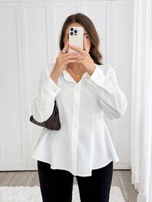 SHEIN LUNE Plus Size Women's White Cinched Waist Collared Button-Down Long Sleeve Shirt, All-Season, Professional Commuter, Smart Casual, Daily Wear, Work Outfit - White - View 3