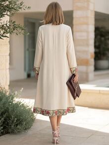 Miaspire Middle-Aged Women's Embroidered Notch V-Neck Dress - Multicolor - View 2