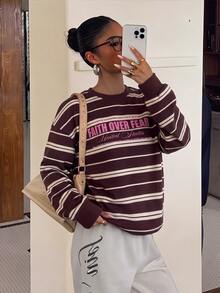 Muchica Women's Casual Crew Neck Sweatshirt, Striped Sweatshirt - White - View 6