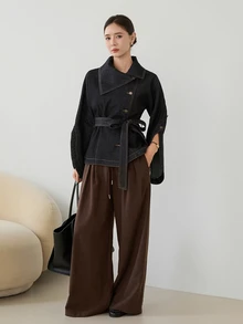Dazy-Less Autumn Cotton Black Turn-Down Collar Button Pocket Decor Washed Loose Long Sleeve Short Denim Jacket Coat For Women - Black - View 4