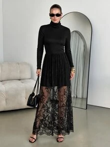 Ellevyn High Neck Black Contrast Lace Long Dress Autumn Outfit For Women Elegant Long Dress - Black - View 5