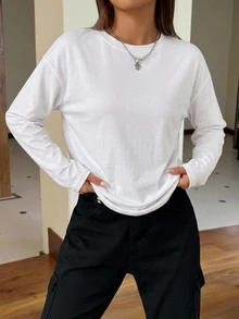 SHEIN EZwear 95%棉 白色長袖百搭女款T恤，適合秋冬穿著 - 白色 - 查看 3