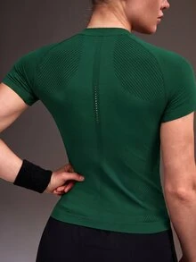 Powerista 女款字母印花插肩袖短袖運動機能上衣 T-shirt 無縫健身訓練運動跑步休閒健身房露背運動休閒外穿上衣 - 軍綠色 - 查看 3
