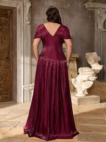 Elitara Plus Size Elegant Romantic Glamorous Navy Blue Off Shoulder Handmade Rhinestone Chain Patchwork Ruched A-Line Evening Gown, Suitable For Evening Party, Date, Ball, Vacation, Wedding Event, Guest Dress - Red - View 2