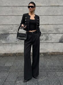 DAZY 女款兩件套：短版鈕扣裝飾羊毛混紡西裝外套與寬腿長褲，優雅通勤與街頭休閒風格，適合秋冬 - 黑色 - 查看 2