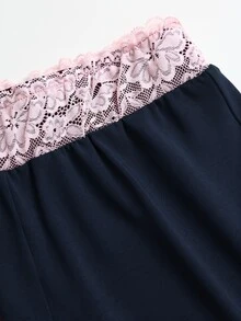 Sweetra 女款蕾絲飾邊V領長袖純色T恤與喇叭褲，秋季穿搭，2件套居家日常黑色與粉色可愛休閒 - 藏蓝色 - 查看 7