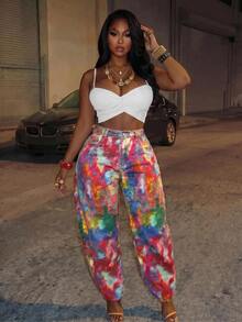 Slaydiva Plus Size Women's Tie-Dye Tapered Casual Denim Jeans With Pockets - Multicolor - View 2
