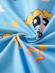 THE POWERPUFF GIRLS X SHEIN THE POWERPUFF GIRLS 青少女短袖上衣與短褲居家服套裝 - 藍色 - 查看 8