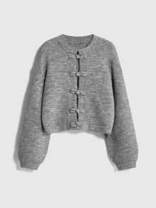 ROMWE New Chinese Style Frog Button Design Gray Short Knit Cardigan - Grey - View 1