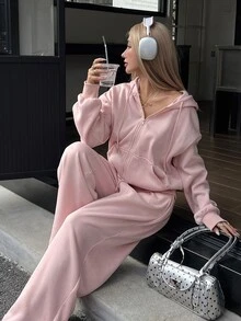 DAZY Women's Rhinestone Long Sleeve Hooded Sweatshirt And Drawstring Waist Pants 2 Pieces Set - Pink - View 6