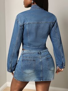 BamGleam Women's All-Season Small Stand Collar Multi-Pocket Button-Down Blue Denim Top - Medium Wash - View 2