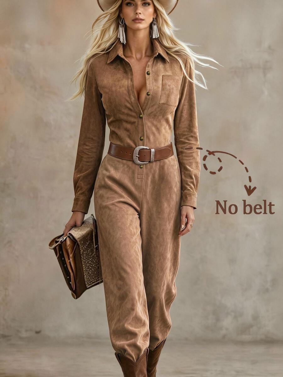 Breezaya Women's Solid Color Collared Button Pocket Design Elegant Casual Vacation Daily Easy-To-Match Long Sleeve Jumpsuit, New For Autumn, Winter, Spring - Brown - View 1