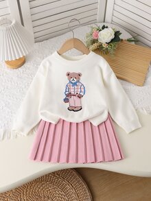 SHEIN 女童秋冬新款白色卡通重磅刺繡泰迪熊圓領落肩長袖針織毛衣 + 粉色可愛短百褶裙針織套裝，柔軟舒適面料，適合春秋單穿、冬季疊穿，適用於假期、出遊、聚會、觀光、購物、休閒穿著 - 粉色 - 查看 3