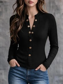 Linhara CURVE Plus Size Ribbed Knit Long Sleeve Top, Notched V Neck Decorative Button Slim Fit Curvy Women Tee, Fall Basic Casual Fitted Shirt Ribbed KnitLong Sle - Black - View 5