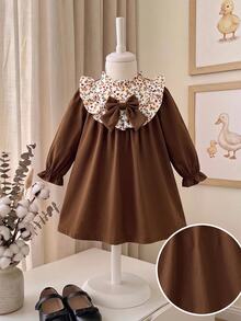 SHEIN Baby Girl Patchwork Floral Frill Trim Stand Collar Bow Decor Cute Dress - Brown - View 5