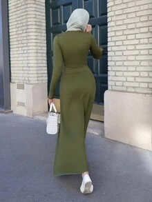 Graceveil Elegant Round Neck Diagonal Pleated Side Ruched Design Conservative Evening Dress - Dark Green - View 2