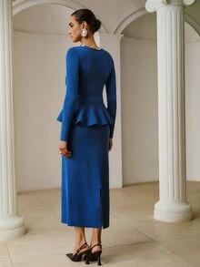 ZEYLAH 女款鏤空長袖上衣與裙子針織兩件套 - 藍色 - 查看 7