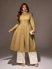 Viva Relle Plus Size Women's French Casual Sexy Vintage Elegant Ruched Waist Wool Long Coat Slimming Fit Commute Date Office Formal Evening Fall Olive Green - Olive Green - View 1
