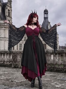 Whyspr Goth Plus Size Halloween Burgundy Patchwork Asymmetrical Hem Witch Camisole Tie-Up Dress - Multicolor - View 3