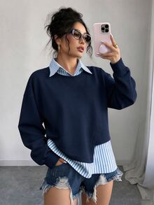 EMERY ROSE Plus Size Casual Linen Striped Patchwork Collared Pullover Sweatshirt, Fashionable & Versatile, Suitable For Autumn Daily Wear & Holidays Fall - Multicolor - View 1