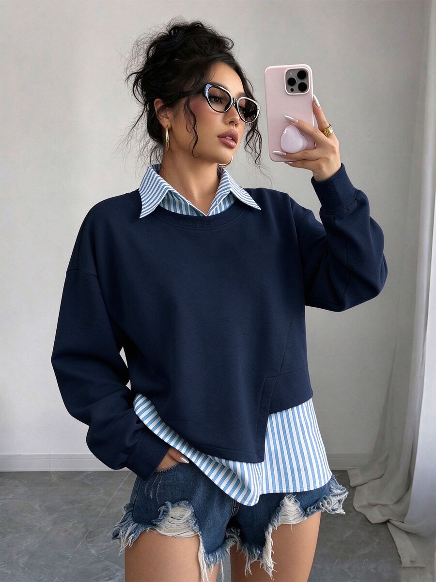 EMERY ROSE Plus Size Casual Linen Striped Patchwork Collared Pullover Sweatshirt, Fashionable & Versatile, Suitable For Autumn Daily Wear & Holidays Fall - Multicolor - View 1