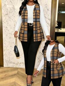 SHEIN Lady 大尺碼女款格紋休閒商務優雅百搭日常穿著正式背心外套 辦公室正式 米色格紋 夏季 - 棕色 - 查看 1